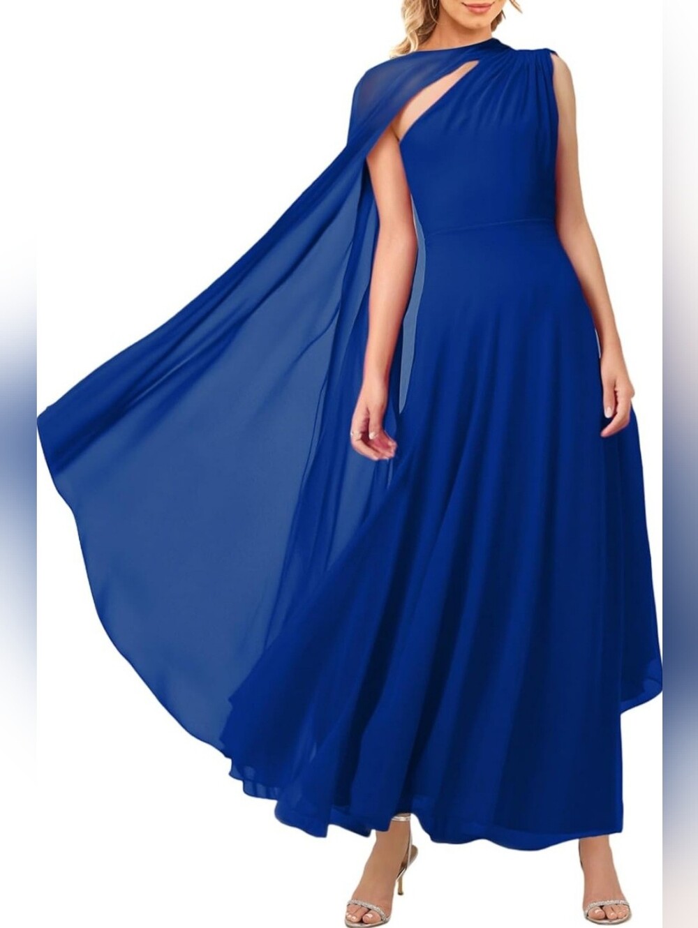 NWOT Aisbei Royal Blue One Shoulder Cape Maxi Dress XL Formal Evening Wedding